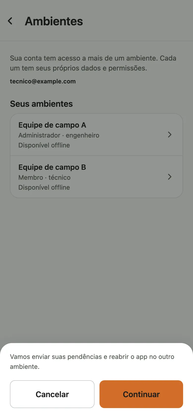 Diálogo de confirmação antes de trocar para outro ambiente.