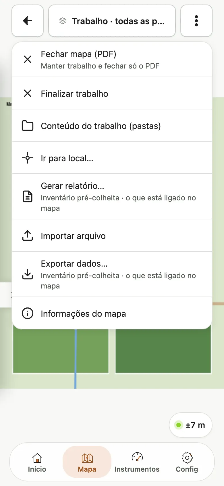 Menu do mapa com a opção Fechar mapa PDF e escolha de manter o trabalho ou fechar somente o PDF.