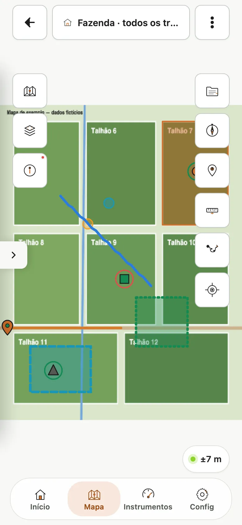 Mapa do RDK Geo com área principal de trabalho e controles de campo.