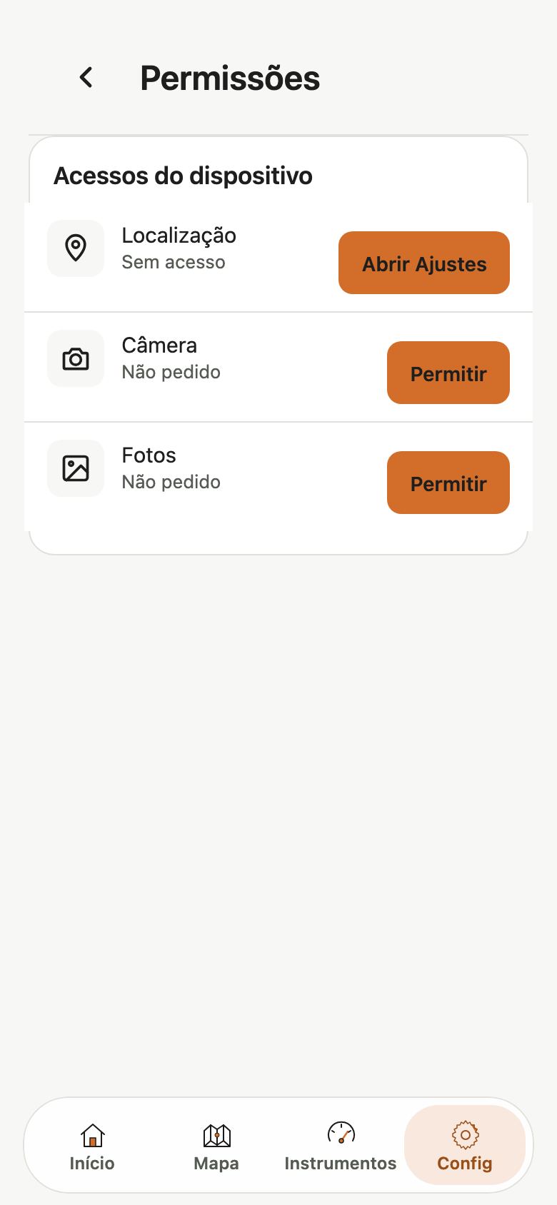 Tela Permissões das configurações com Localização sem acesso e botão Abrir Ajustes, Câmera e Fotos não pedidas, cada uma com o botão Permitir.