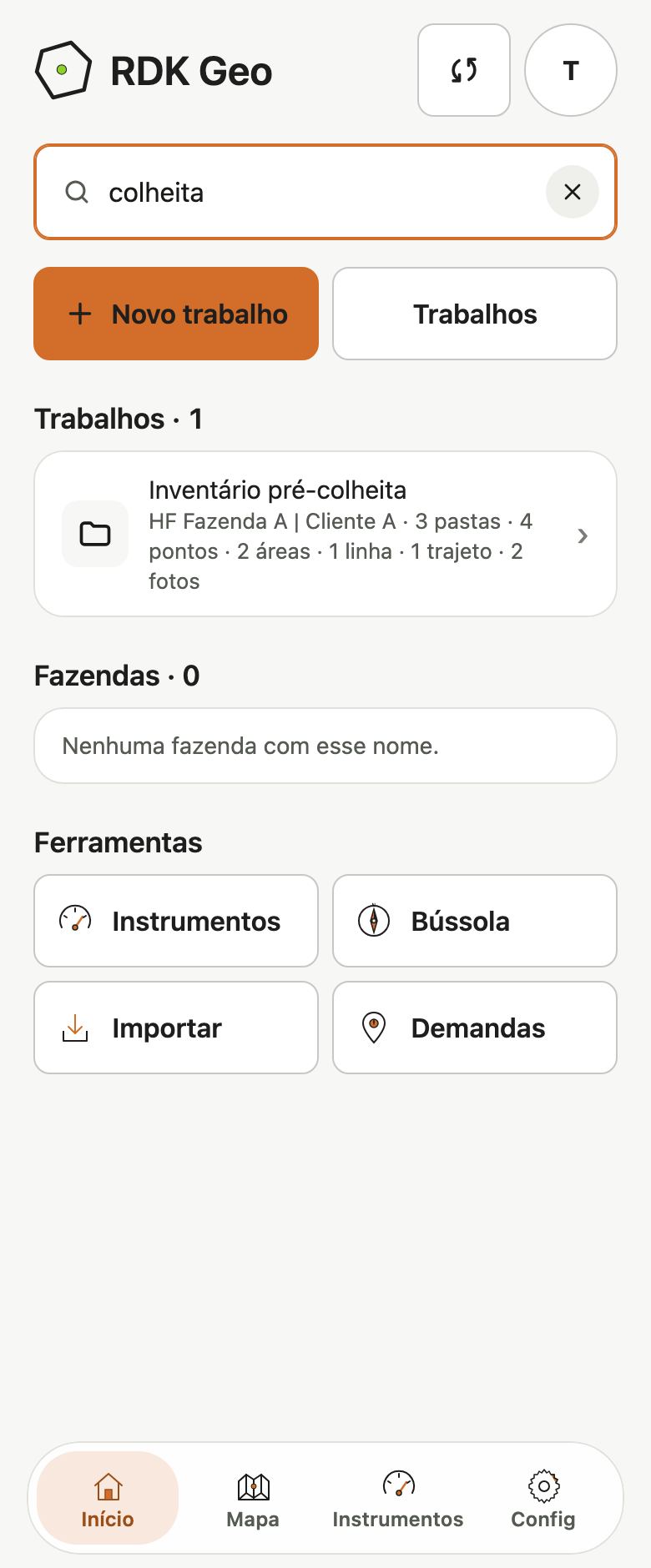 Início com a palavra colheita digitada na busca e o resultado Trabalhos 1, Inventário pré-colheita.