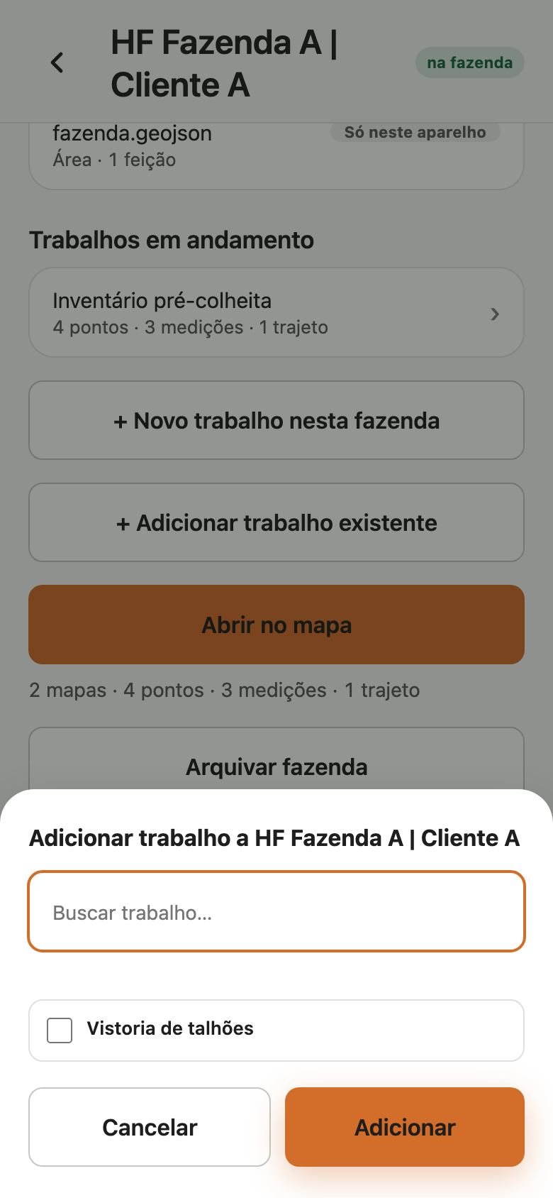 Janela Adicionar trabalho à fazenda com busca, a caixa do trabalho Vistoria de talhões e os botões Cancelar e Adicionar.