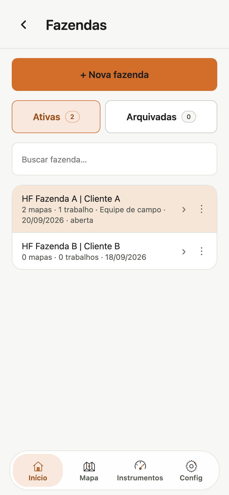 Tela Fazendas com o botão Nova fazenda, as abas Ativas 2 e Arquivadas 0, a busca e duas fazendas.