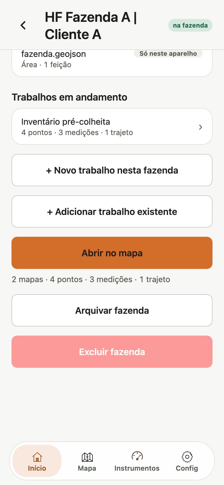 Fim da ficha da fazenda com os botões Novo trabalho nesta fazenda, Adicionar trabalho existente, Abrir no mapa, Arquivar fazenda e Excluir fazenda.