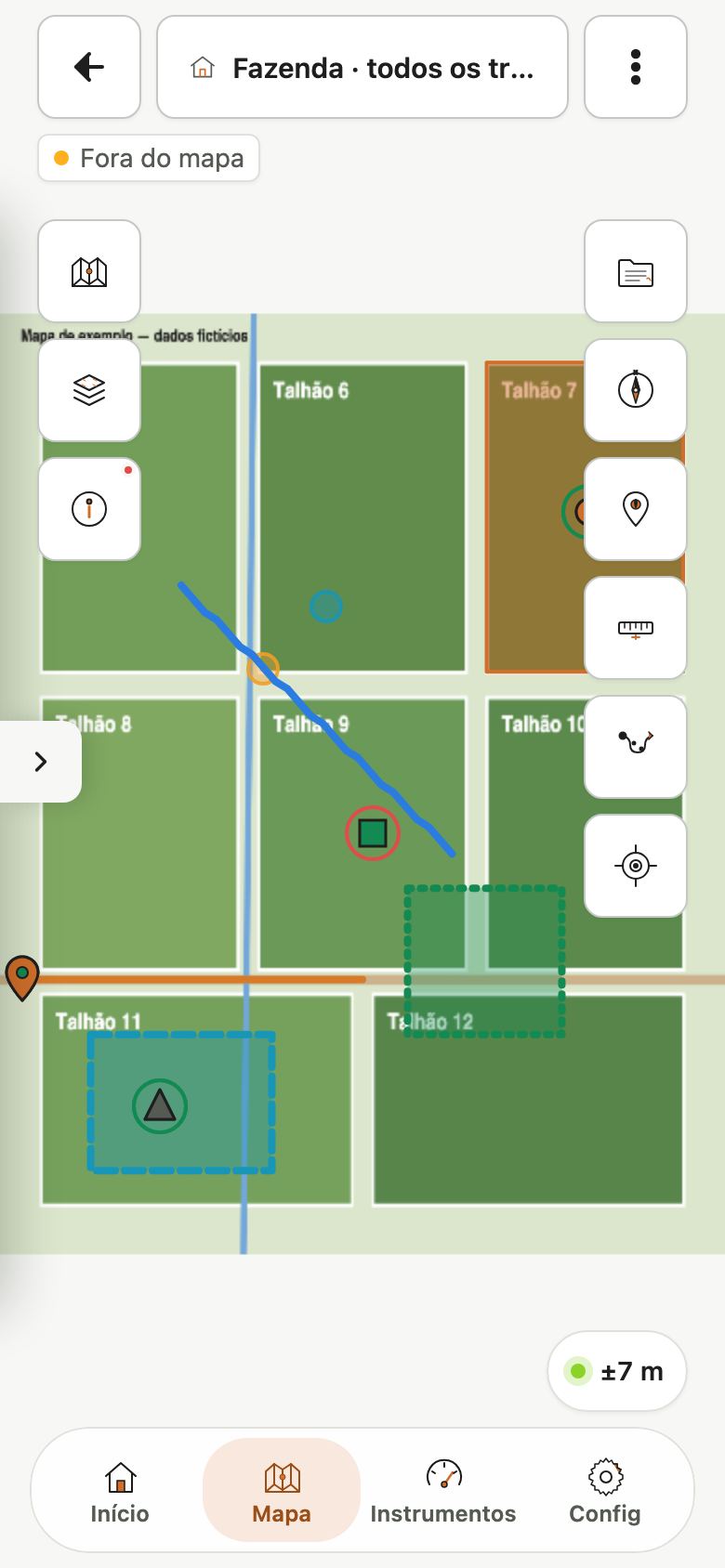 Mapa com o chip de contexto no alto e, abaixo dele, o aviso pequeno Fora do mapa com ponto amarelo.
