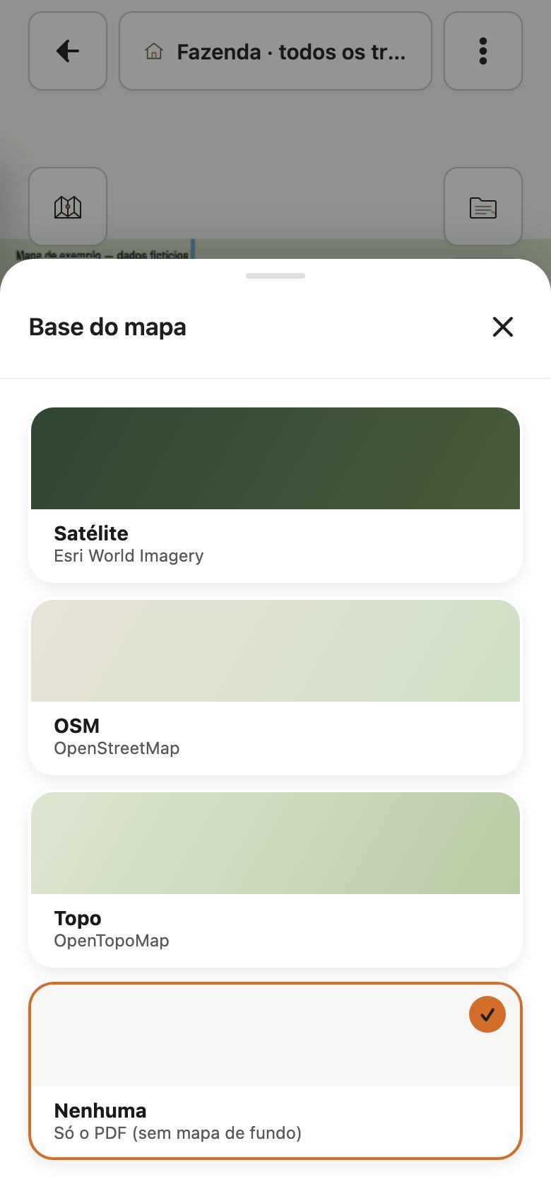 Folha Base do mapa com as opções Satélite, OSM, Topo e Nenhuma, esta marcada.
