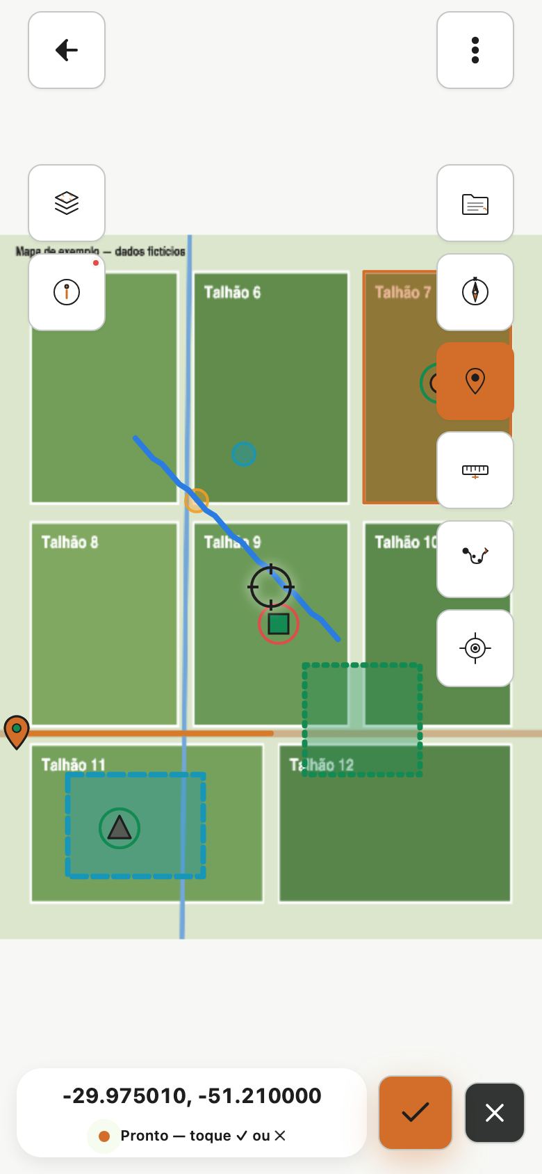 Mapa com a mira no centro de um talhão e, embaixo, a coordenada e os botões de confirmar e cancelar.