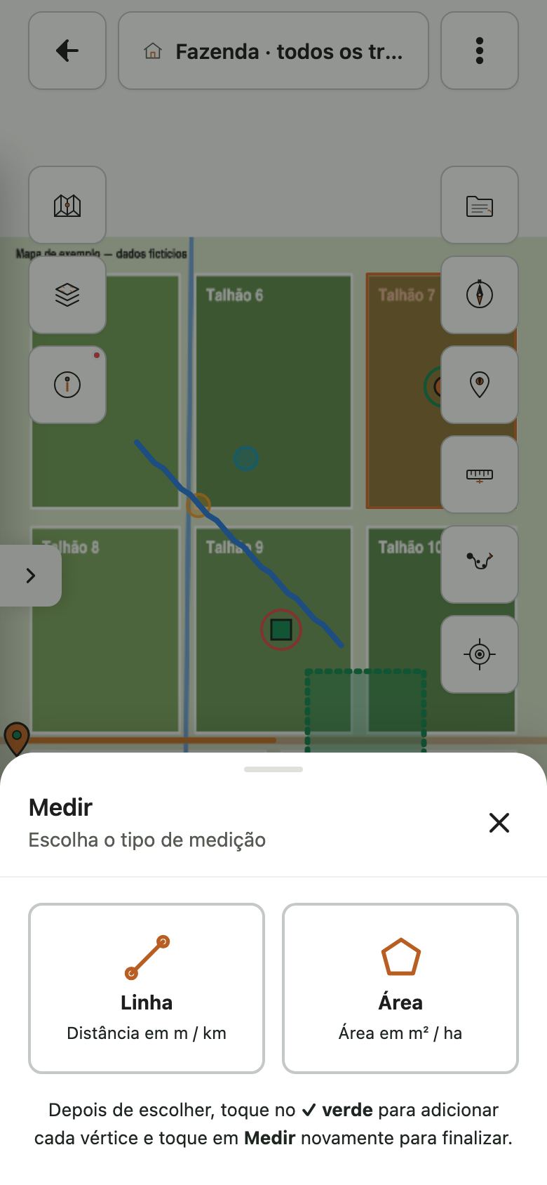 Folha Medir, Escolha o tipo de medição, com os cartões Linha e Área.