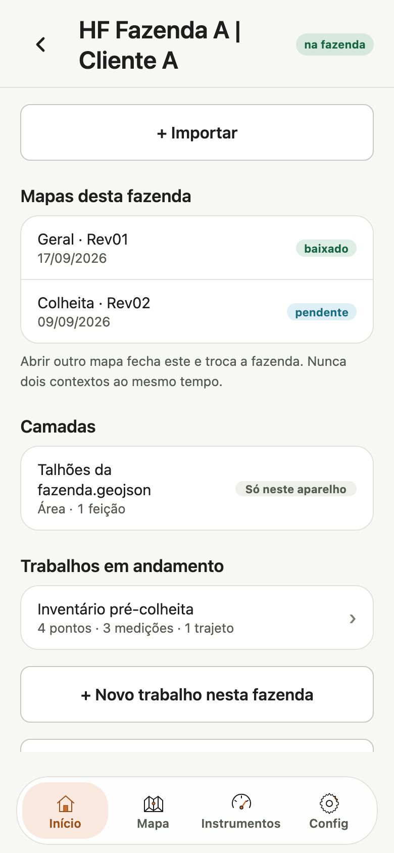 Ficha da fazenda com o botão + Importar no alto e a lista Mapas desta fazenda.