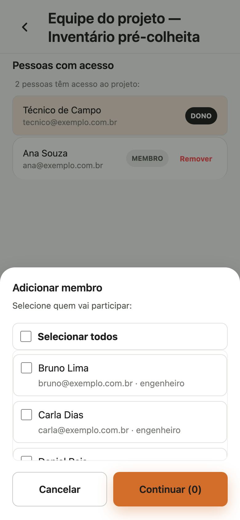 Janela Adicionar membro com Selecionar todos e a lista de pessoas desmarcadas.