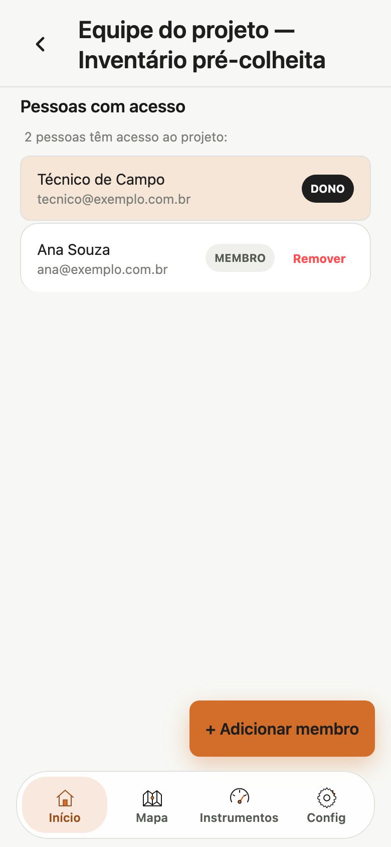 Tela Equipe do projeto, como aparece na captura antiga, com Pessoas com acesso, o dono e um membro.