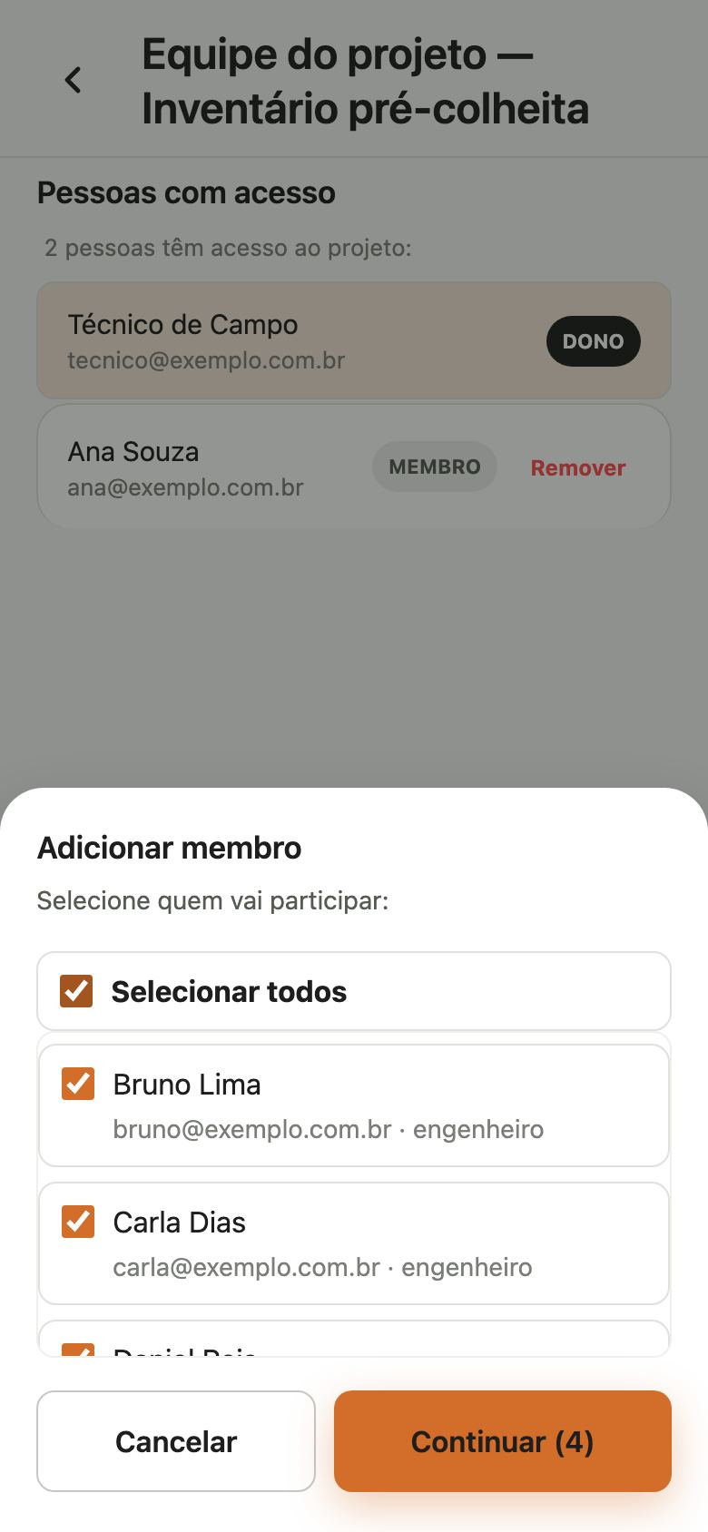 Janela Adicionar membro com Selecionar todos marcado e o botão Continuar 4.