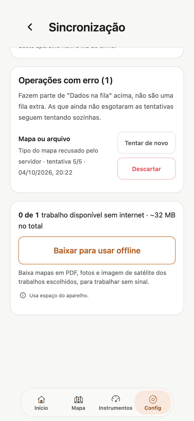 Config, Sincronização, com a seção Operações com erro: Mapa ou arquivo, Tipo do mapa recusado pelo servidor, tentativa 5 de 5, e os botões Tentar de novo e Descartar.