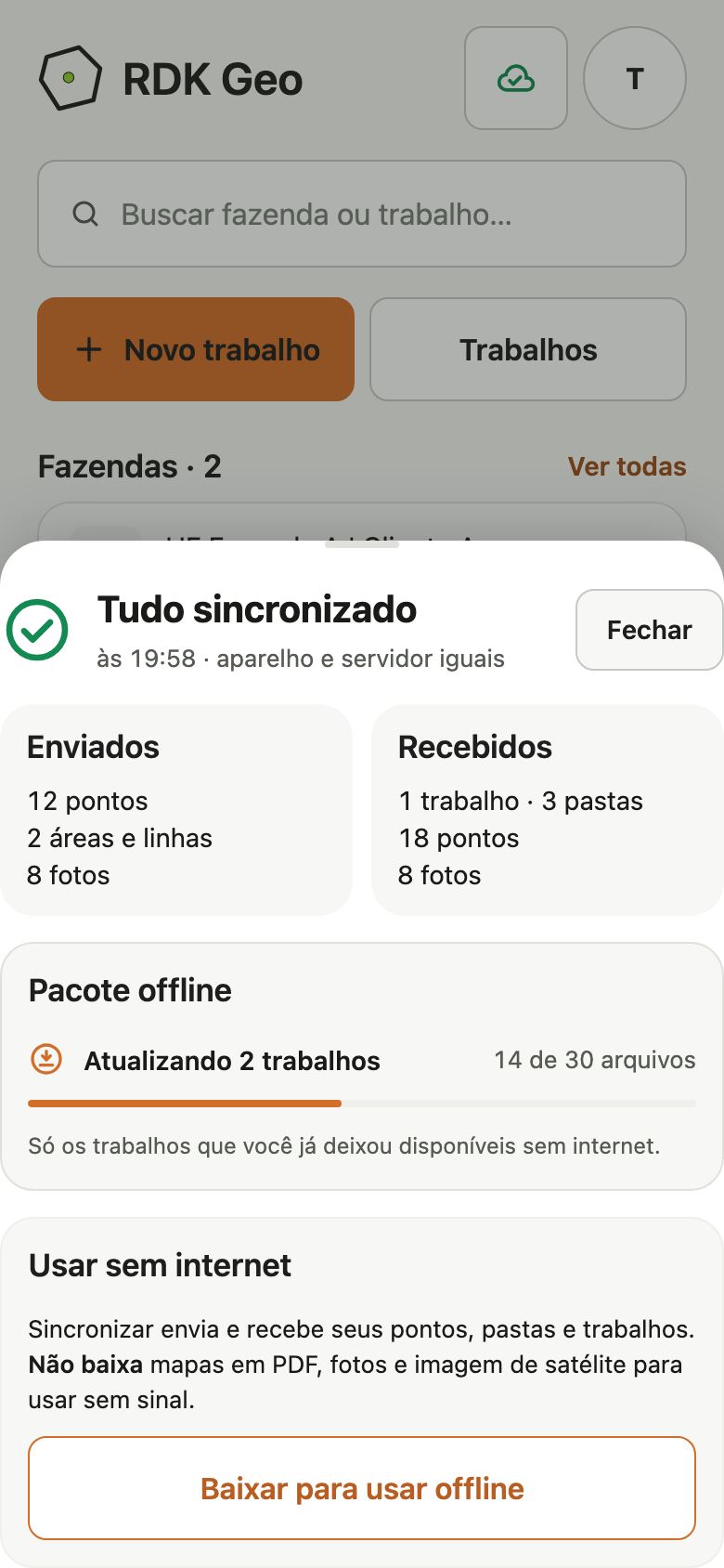 Painel Tudo sincronizado com o resumo de enviados e recebidos e o andamento do pacote offline.