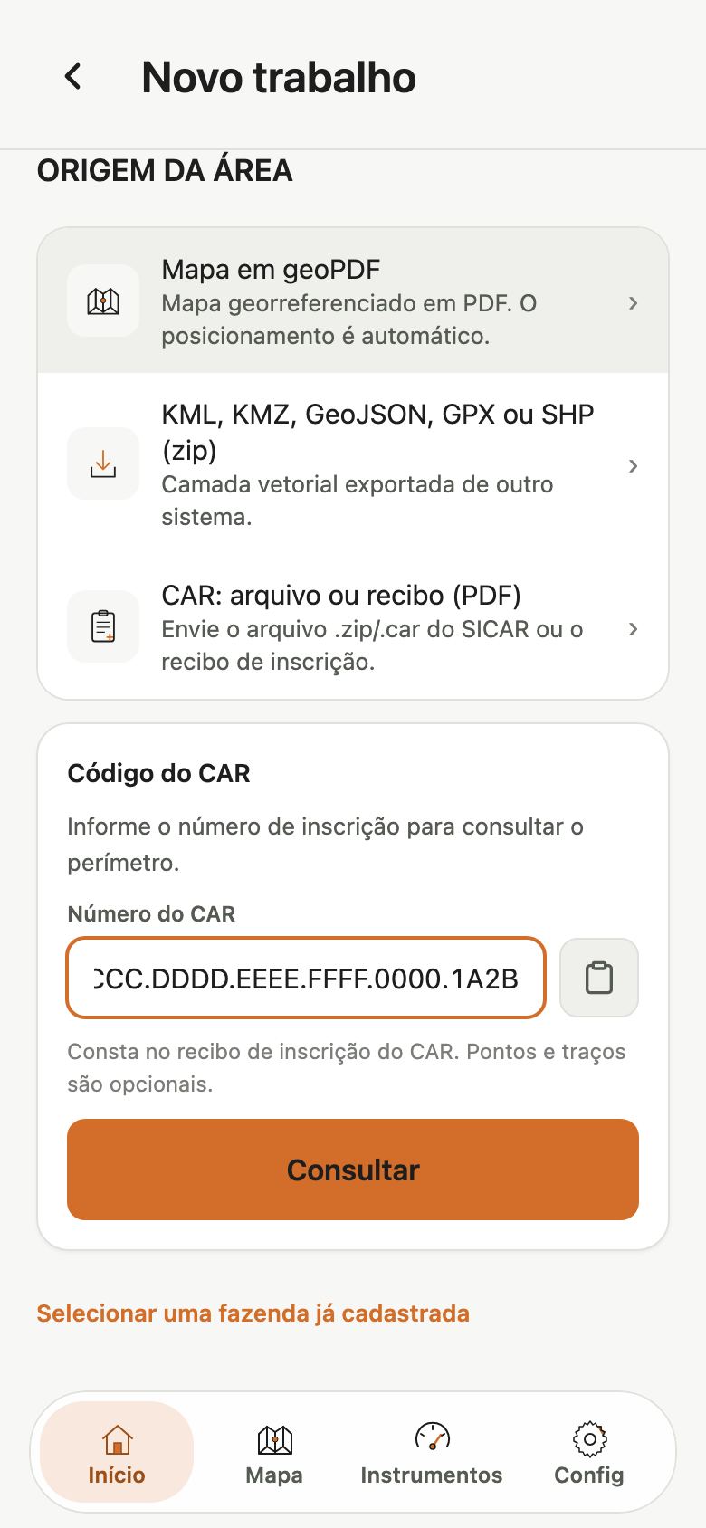 Tela Novo trabalho com o número do CAR digitado no campo Código do CAR e o botão Consultar ativo.