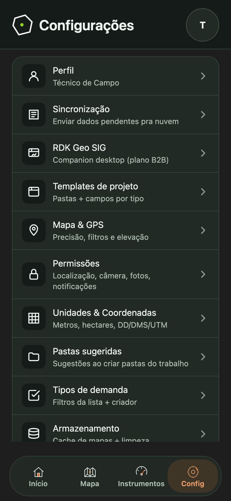 Menu de Configurações no tema escuro.