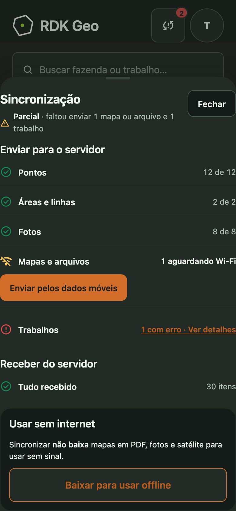Painel de sincronização parcial no tema escuro.