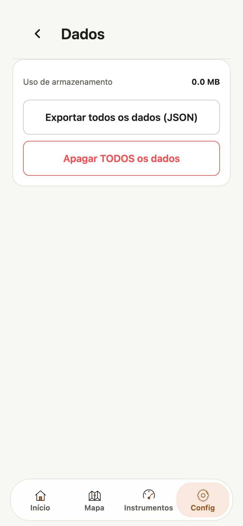 Tela Dados com o uso de armazenamento e os botões Exportar todos os dados e Apagar TODOS os dados.
