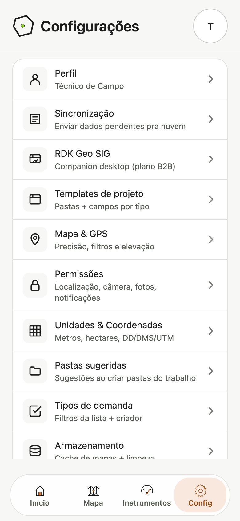 Menu de Configurações do build 108 com Perfil, Sincronização, Templates de projeto, Mapa e GPS, Permissões, Unidades e Coordenadas, Pastas sugeridas, Tipos de demanda e Armazenamento.