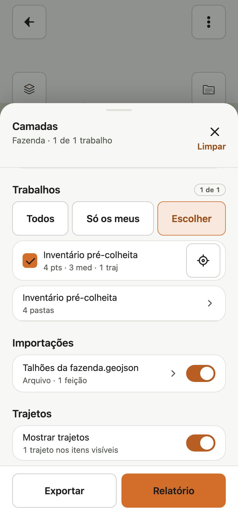 Folha Camadas com o modo Escolher marcado, o trabalho Inventário pré-colheita com a caixa marcada e o botão Limpar ativo.