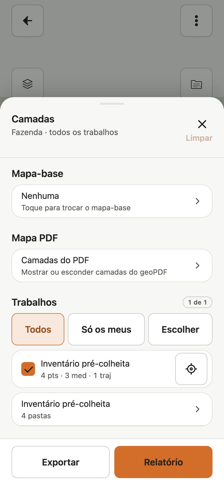 Folha Camadas no contexto Fazenda, com Mapa-base Nenhuma, Mapa PDF, a seção Trabalhos com Todos, Só os meus e Escolher e os botões Exportar e Relatório.