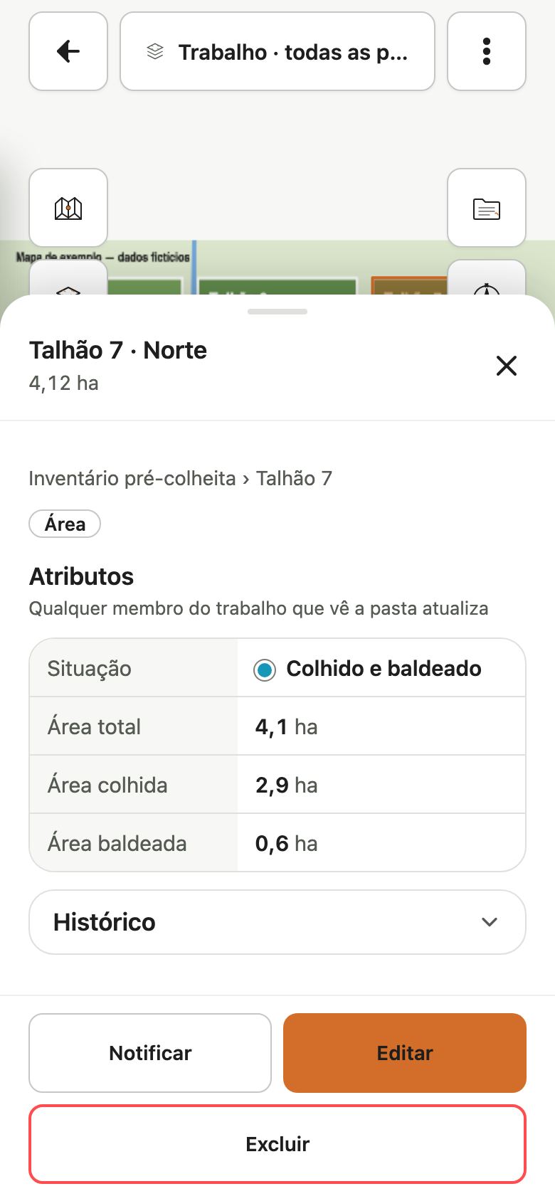 Cartão da área Talhão 7 Norte expandido, com a tabela de atributos: Situação Colhido e baldeado, Área total, Área colhida e Área baldeada.