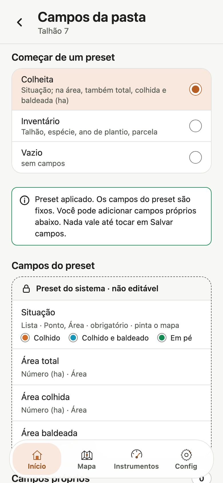 Tela Campos da pasta com a lista de presets Colheita, Inventário e Vazio, o aviso Preset aplicado e o bloco Campos do preset.
