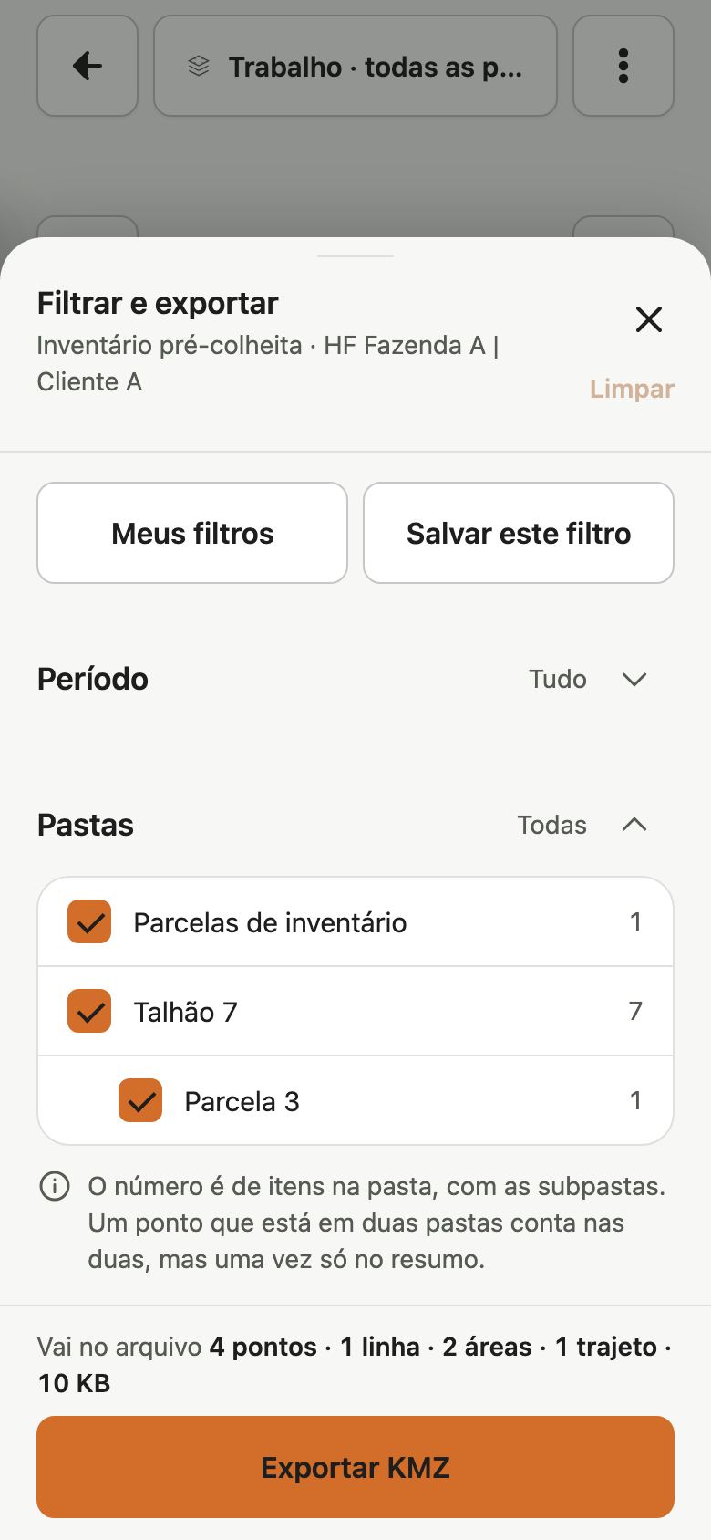Folha Filtrar e exportar no build 118, com as seções Período e Pastas e o botão Exportar KMZ.