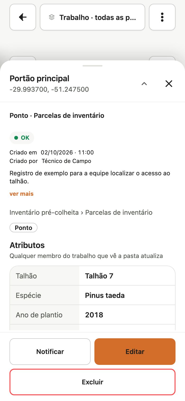 Cartão de ponto no build 118 com os metadados Criado em e Criado por visíveis.